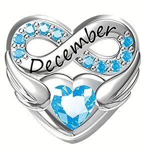 Elegant Silver Heart Infinity Charm Engraved December with Blue Gems Accents